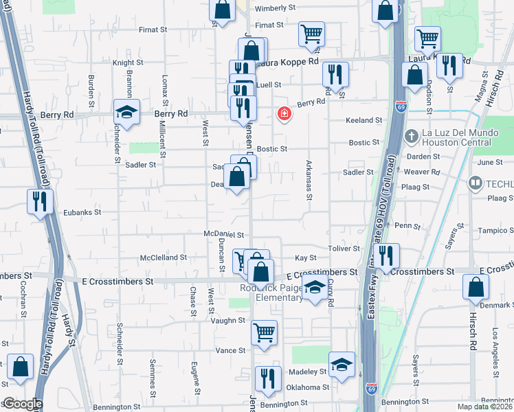 map of restaurants, bars, coffee shops, grocery stores, and more near 8005 Jensen Drive in Houston