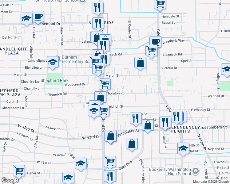 map of restaurants, bars, coffee shops, grocery stores, and more near 611 Thornton Road in Houston