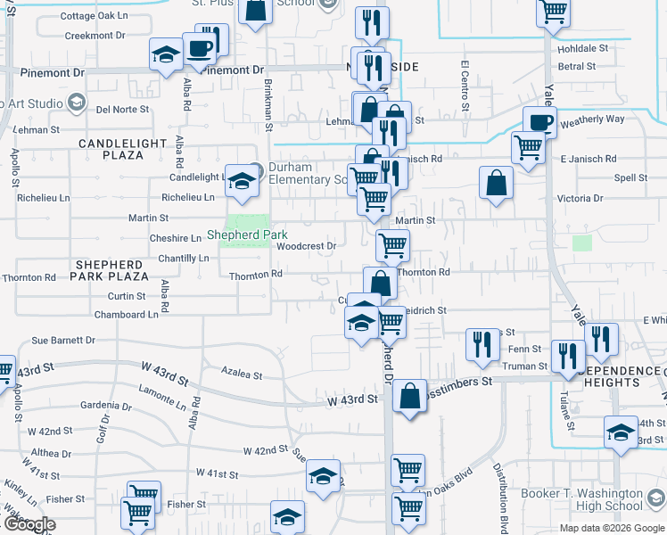 map of restaurants, bars, coffee shops, grocery stores, and more near 811 Woodcrest Drive in Houston