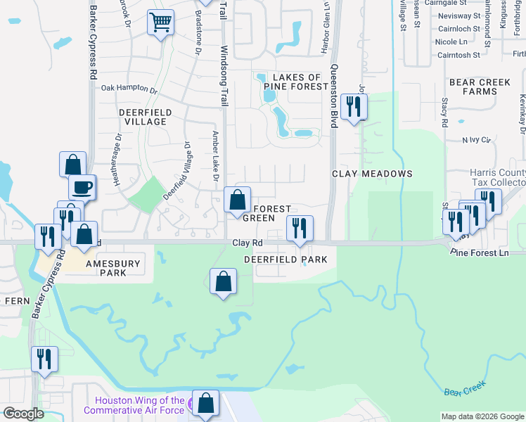 map of restaurants, bars, coffee shops, grocery stores, and more near 17818 Treemont Landing in Houston