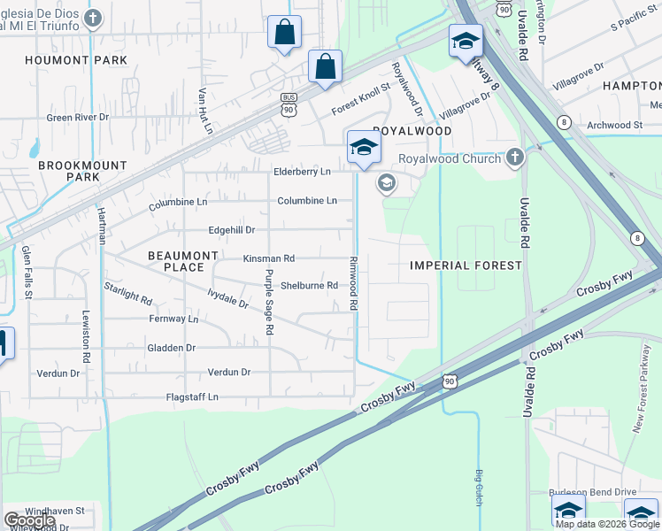 map of restaurants, bars, coffee shops, grocery stores, and more near 13331 Kinsman Road in Houston