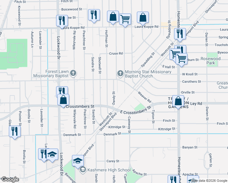 map of restaurants, bars, coffee shops, grocery stores, and more near 8001 Dandy Street in Houston