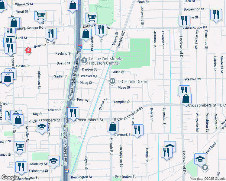 map of restaurants, bars, coffee shops, grocery stores, and more near 4221 Plaag Street in Houston