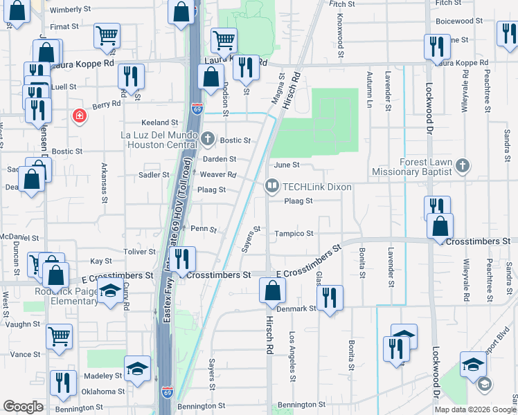 map of restaurants, bars, coffee shops, grocery stores, and more near 4105 Plaag Street in Houston