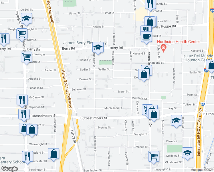 map of restaurants, bars, coffee shops, grocery stores, and more near 2014 Deams Street in Houston