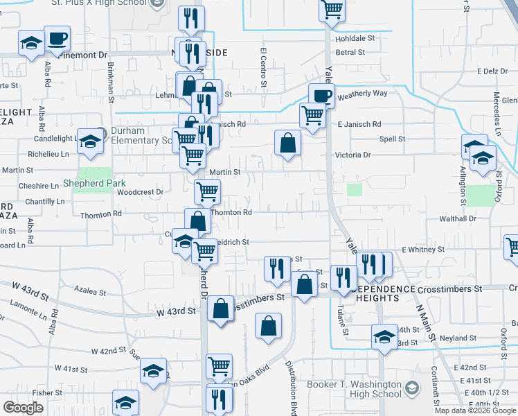 map of restaurants, bars, coffee shops, grocery stores, and more near 425 Martin Street in Houston