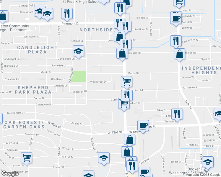 map of restaurants, bars, coffee shops, grocery stores, and more near 811 Woodcrest Drive in Houston