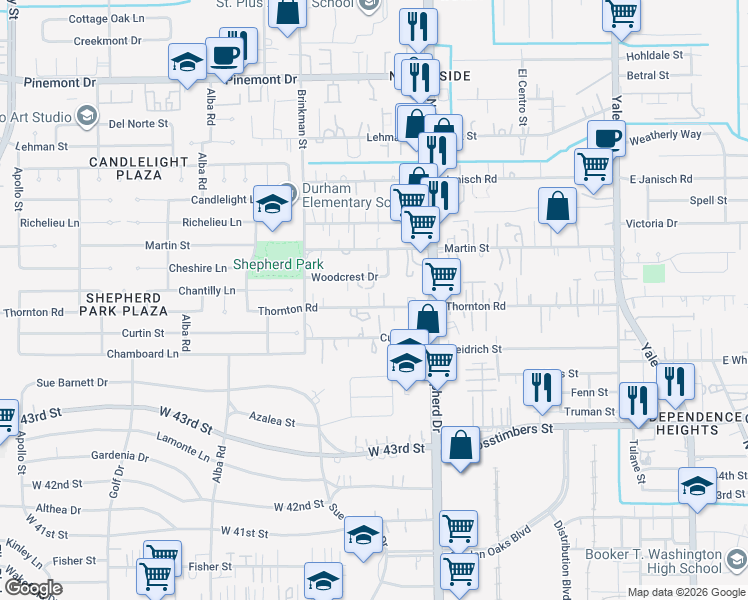 map of restaurants, bars, coffee shops, grocery stores, and more near 811 Woodcrest Drive in Houston
