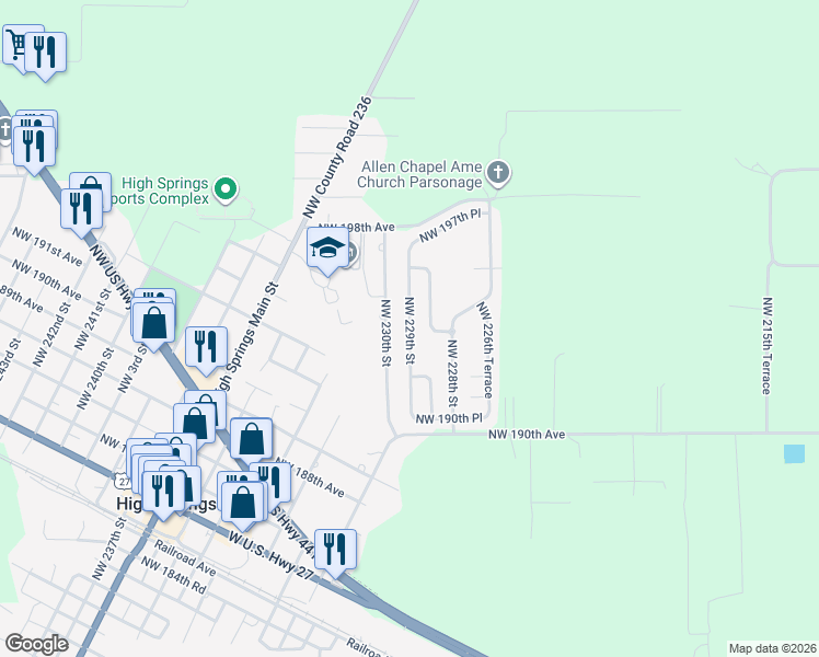map of restaurants, bars, coffee shops, grocery stores, and more near Northwest 229th Street in High Springs