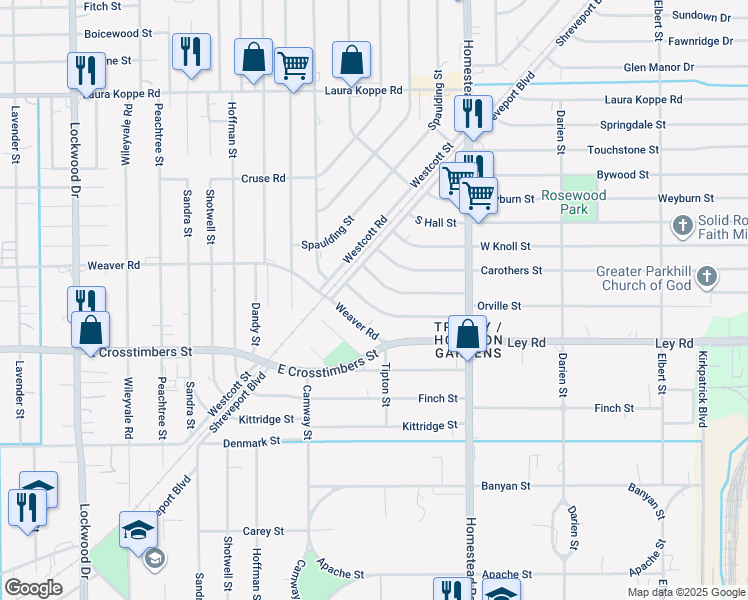 map of restaurants, bars, coffee shops, grocery stores, and more near 6827 Orville Street in Houston
