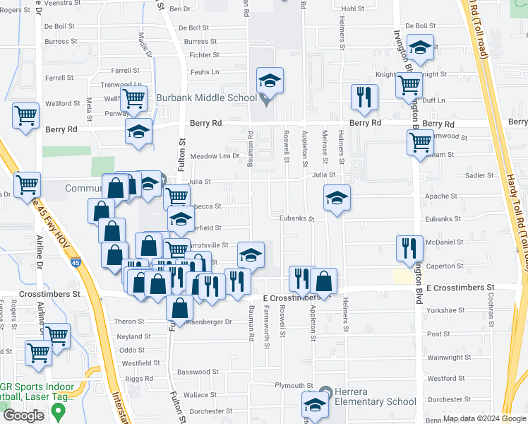 map of restaurants, bars, coffee shops, grocery stores, and more near 7906 Farnsworth Street in Houston