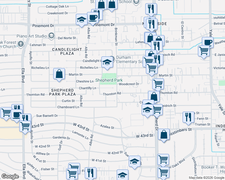 map of restaurants, bars, coffee shops, grocery stores, and more near 906 Chantilly Lane in Houston