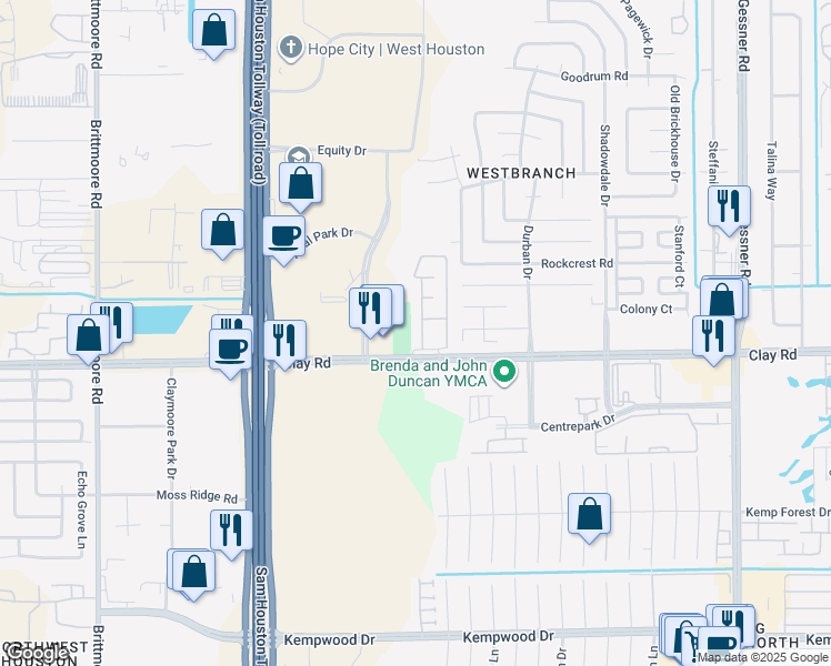 map of restaurants, bars, coffee shops, grocery stores, and more near 10800 Clay Road in Houston