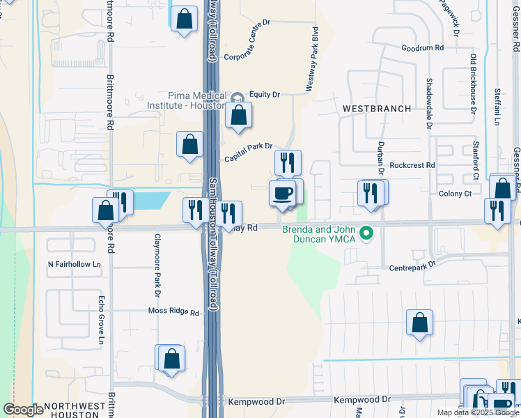 map of restaurants, bars, coffee shops, grocery stores, and more near 4425 Westway Park Blvd in Houston
