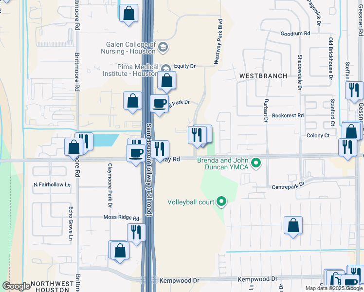 map of restaurants, bars, coffee shops, grocery stores, and more near 4425 Westway Park Boulevard in Houston