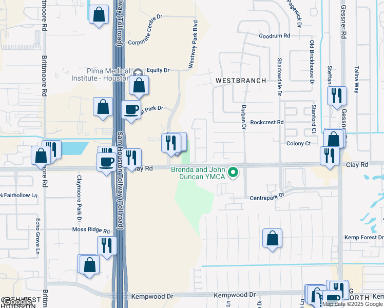 map of restaurants, bars, coffee shops, grocery stores, and more near 10800 Clay Road in Houston