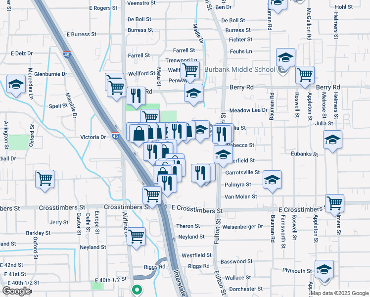 map of restaurants, bars, coffee shops, grocery stores, and more near 4428 North Freeway in Houston