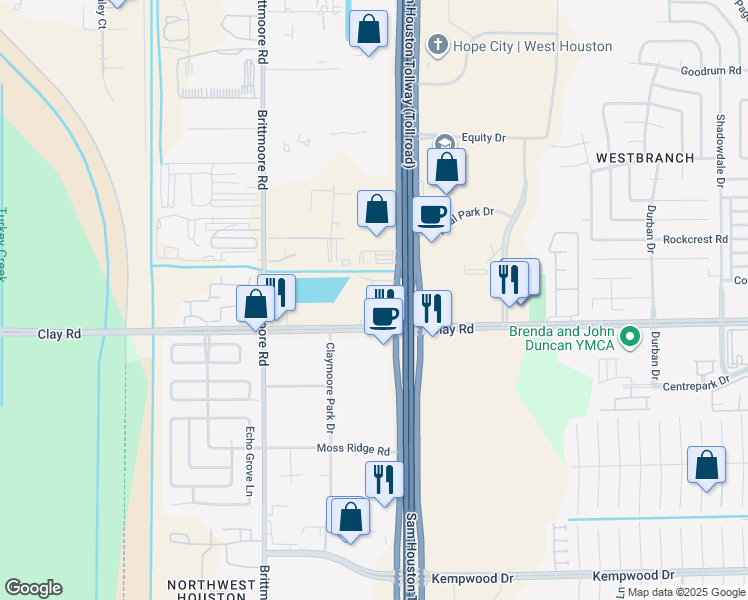 map of restaurants, bars, coffee shops, grocery stores, and more near 11330 Clay Road in Houston