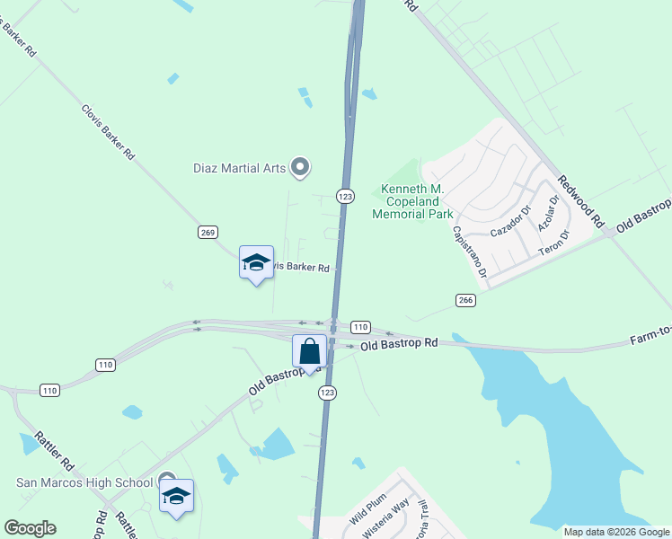 map of restaurants, bars, coffee shops, grocery stores, and more near 1220 Hays Co Civic Center Road in San Marcos