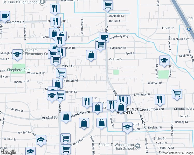 map of restaurants, bars, coffee shops, grocery stores, and more near 404 Thornton Road in Houston