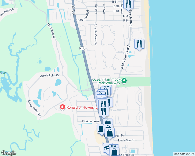 map of restaurants, bars, coffee shops, grocery stores, and more near 4 Ewing Street in St. Augustine
