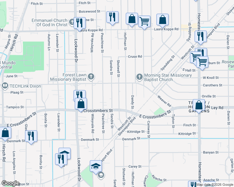 map of restaurants, bars, coffee shops, grocery stores, and more near 8011 Shotwell Street in Houston
