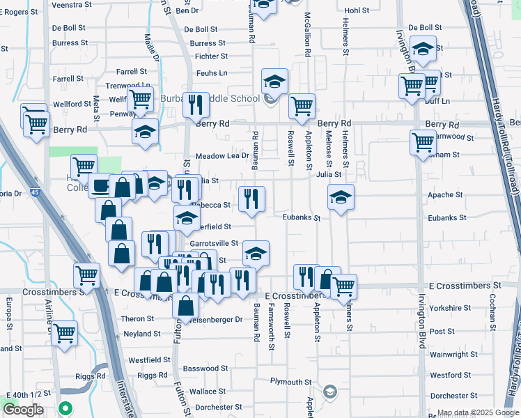 map of restaurants, bars, coffee shops, grocery stores, and more near 7910 Bauman Road in Houston