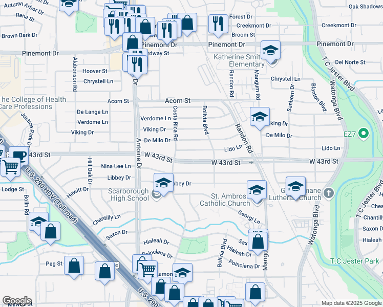 map of restaurants, bars, coffee shops, grocery stores, and more near 5218 Lido Lane in Houston