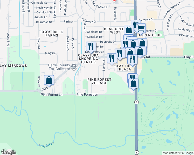 map of restaurants, bars, coffee shops, grocery stores, and more near 4123 Park Douglas Drive in Houston