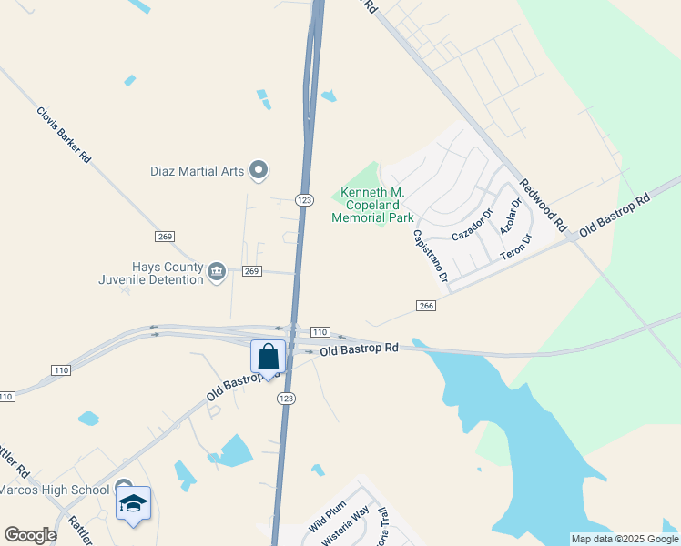 map of restaurants, bars, coffee shops, grocery stores, and more near 3085 Texas 123 in San Marcos