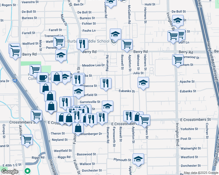 map of restaurants, bars, coffee shops, grocery stores, and more near 7910 Bauman Road in Houston