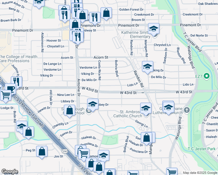 map of restaurants, bars, coffee shops, grocery stores, and more near 5218 Lido Lane in Houston