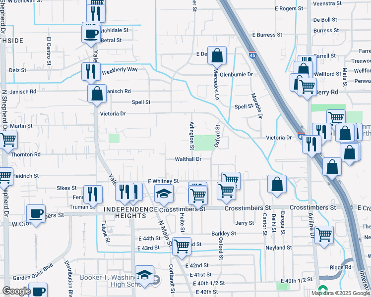 map of restaurants, bars, coffee shops, grocery stores, and more near 4621 Arlington Street in Houston