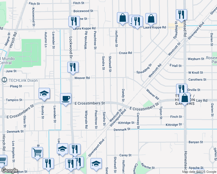 map of restaurants, bars, coffee shops, grocery stores, and more near 8011 Shotwell Street in Houston
