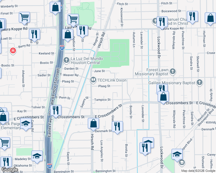 map of restaurants, bars, coffee shops, grocery stores, and more near 4323 Plaag Street in Houston