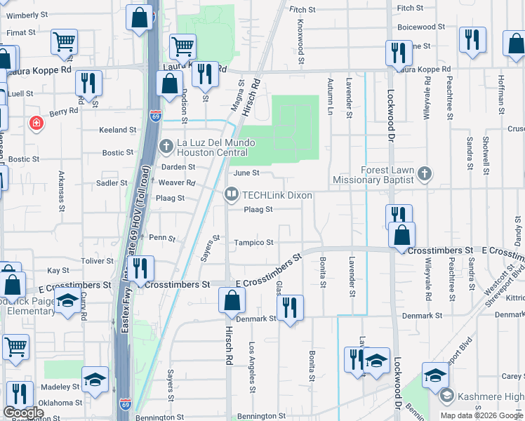 map of restaurants, bars, coffee shops, grocery stores, and more near 4323 Plaag Street in Houston