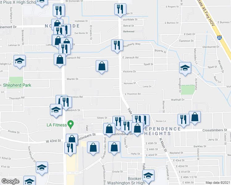 map of restaurants, bars, coffee shops, grocery stores, and more near 4605 Yale Street in Houston