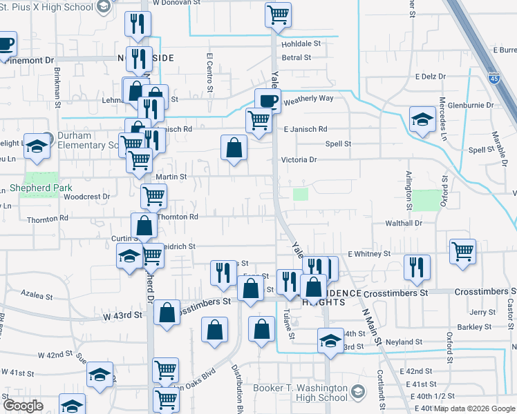 map of restaurants, bars, coffee shops, grocery stores, and more near 404 Thornton Road in Houston