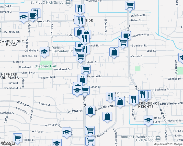 map of restaurants, bars, coffee shops, grocery stores, and more near 525 Martin Street in Houston
