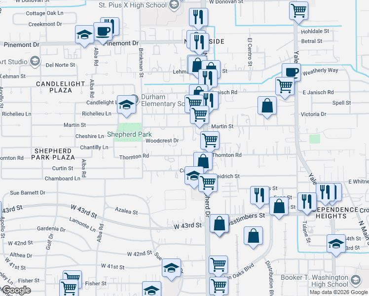 map of restaurants, bars, coffee shops, grocery stores, and more near 4707 North Shepherd Drive in Houston