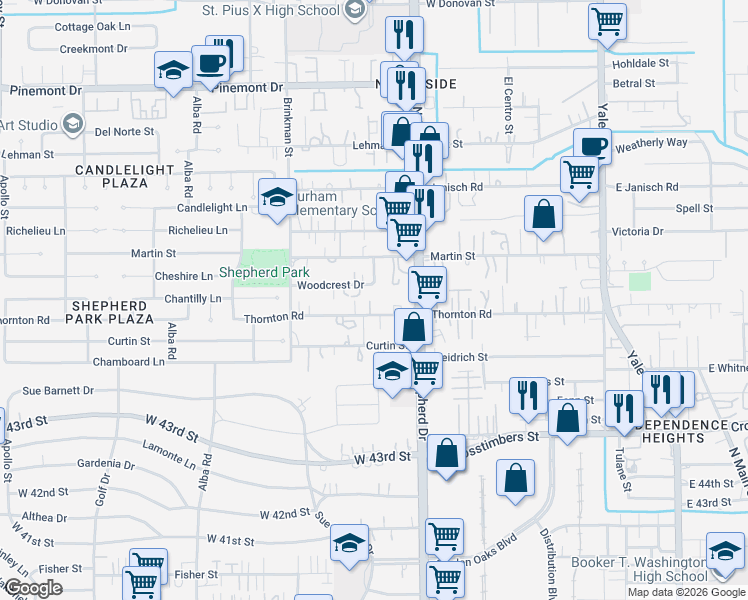 map of restaurants, bars, coffee shops, grocery stores, and more near 4707 North Shepherd Drive in Houston