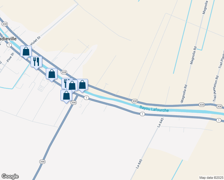 map of restaurants, bars, coffee shops, grocery stores, and more near 2372 Louisiana 308 in Thibodaux