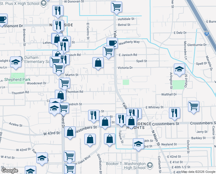 map of restaurants, bars, coffee shops, grocery stores, and more near 404 Thornton Road in Houston