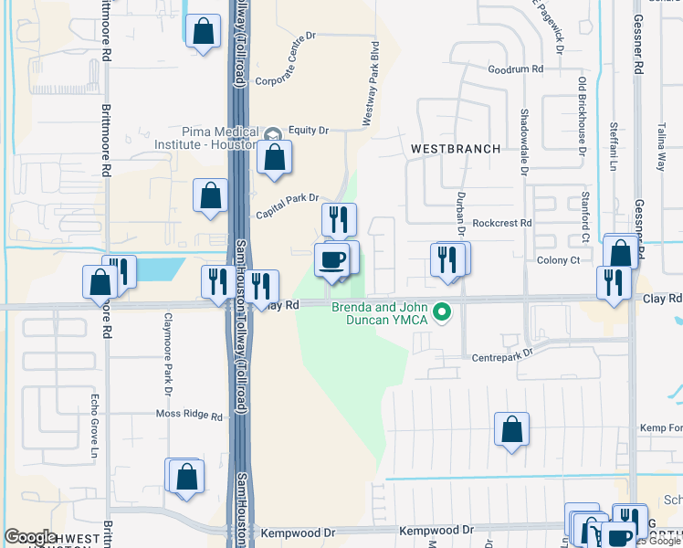map of restaurants, bars, coffee shops, grocery stores, and more near 4424 Westway Park Boulevard in Houston