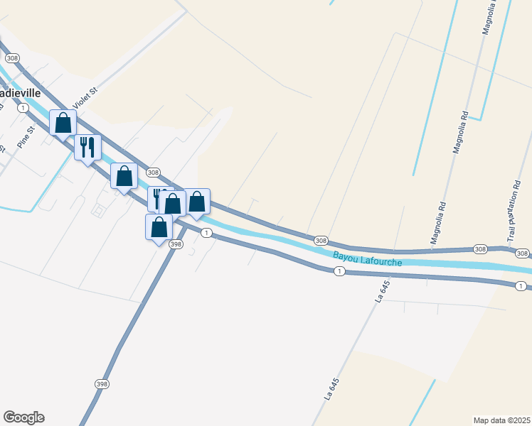 map of restaurants, bars, coffee shops, grocery stores, and more near 2372 Louisiana 308 in Thibodaux