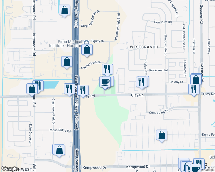 map of restaurants, bars, coffee shops, grocery stores, and more near 4424 Westway Park Boulevard in Houston