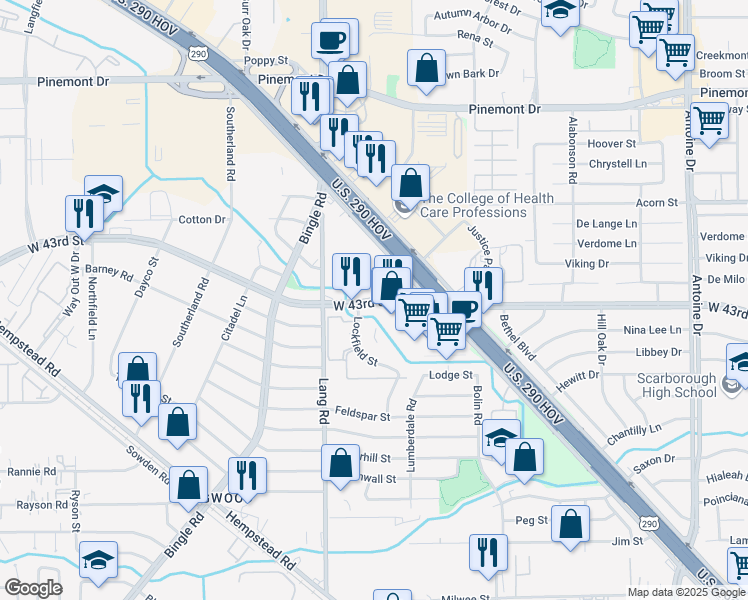 map of restaurants, bars, coffee shops, grocery stores, and more near 6510 West 43rd Street in Houston