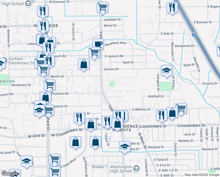 map of restaurants, bars, coffee shops, grocery stores, and more near 115 East Thornton Road in Houston