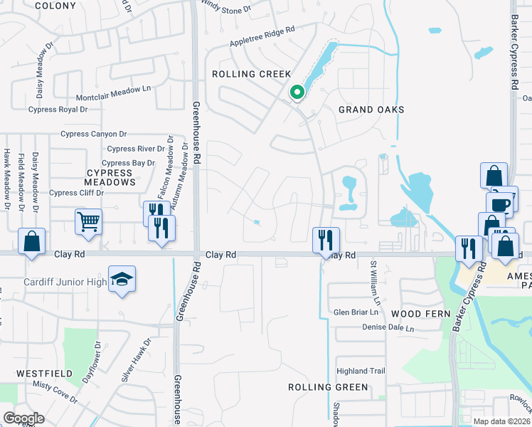 map of restaurants, bars, coffee shops, grocery stores, and more near 19012 Clay Road in Houston