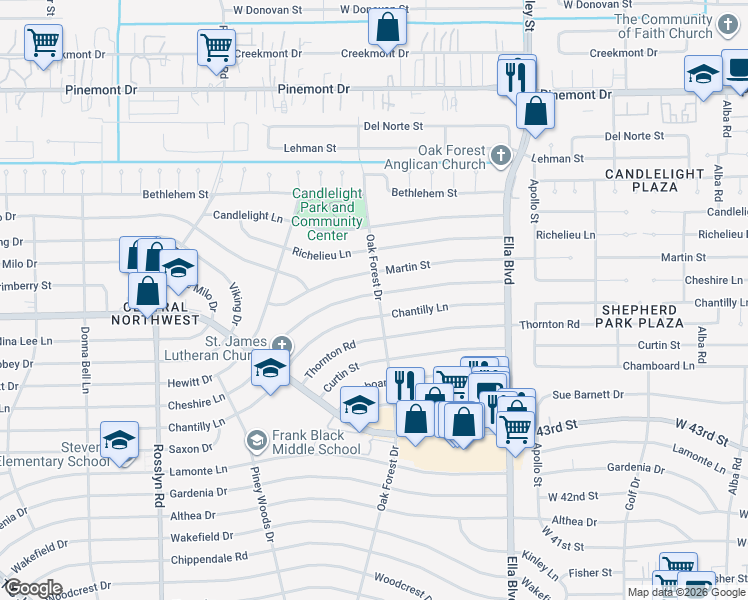 map of restaurants, bars, coffee shops, grocery stores, and more near 1403 Cheshire Lane in Houston